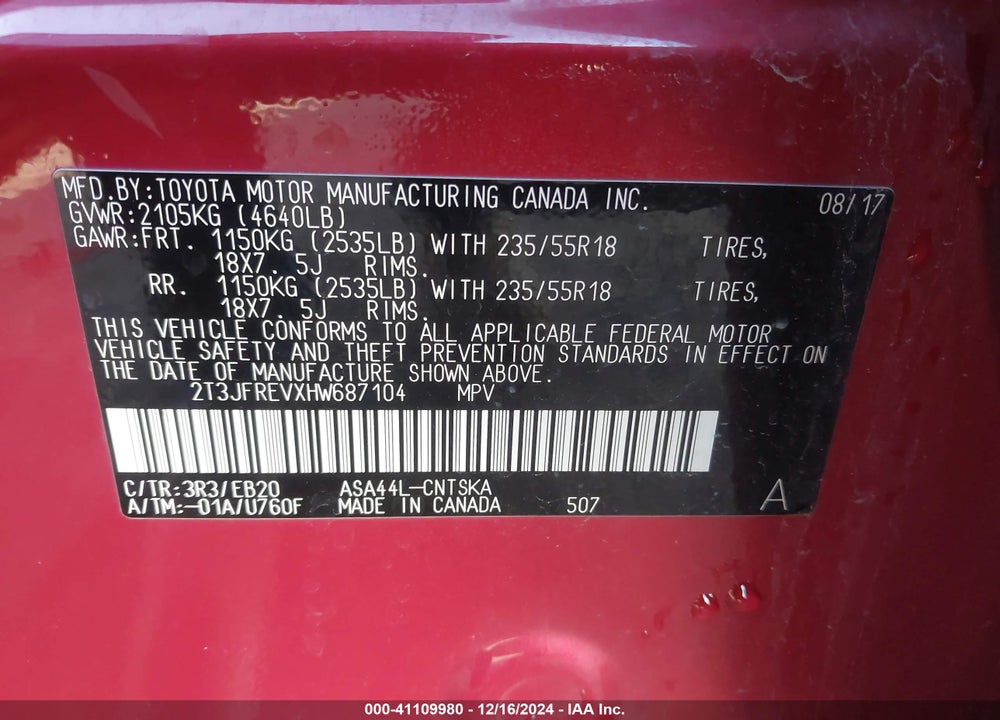 2017 TOYOTA RAV4 SE VIN: 2T3JFREVXHW687104