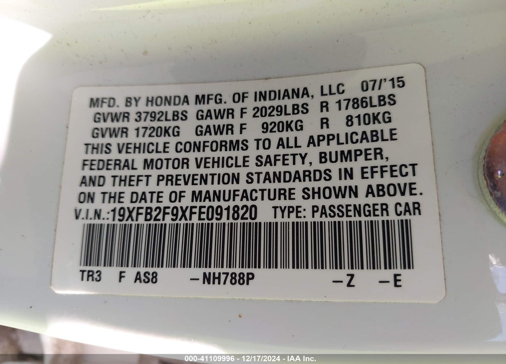 2015 HONDA CIVIC VIN: 19XFB2F9XFE091820
