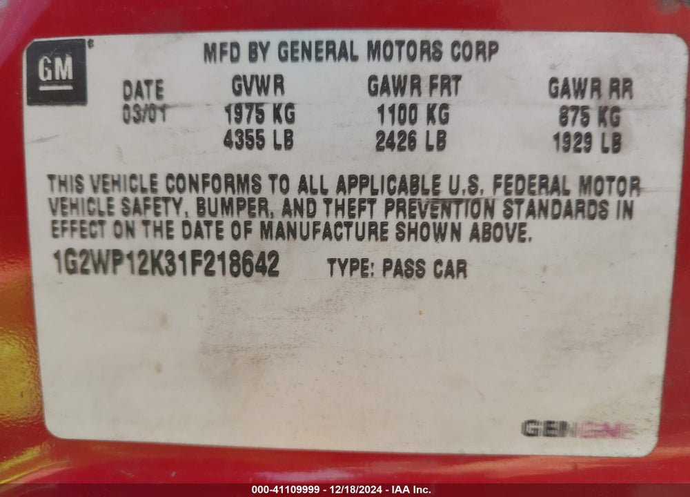 2001 PONTIAC GRAND PRIX GT VIN: 1G2WP12K31F218642