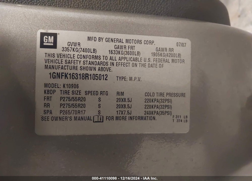 2008 CHEVROLET SUBURBAN 1500 LTZ VIN: 1GNFK16318R105012