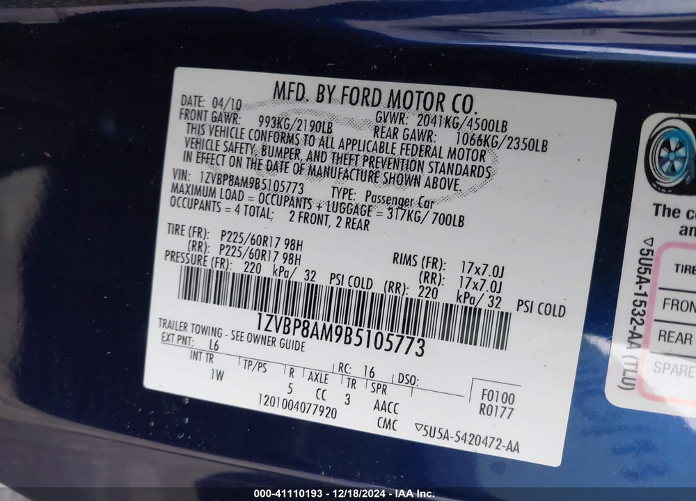 2011 FORD MUSTANG VIN: 1ZVBP8AM9B5105773