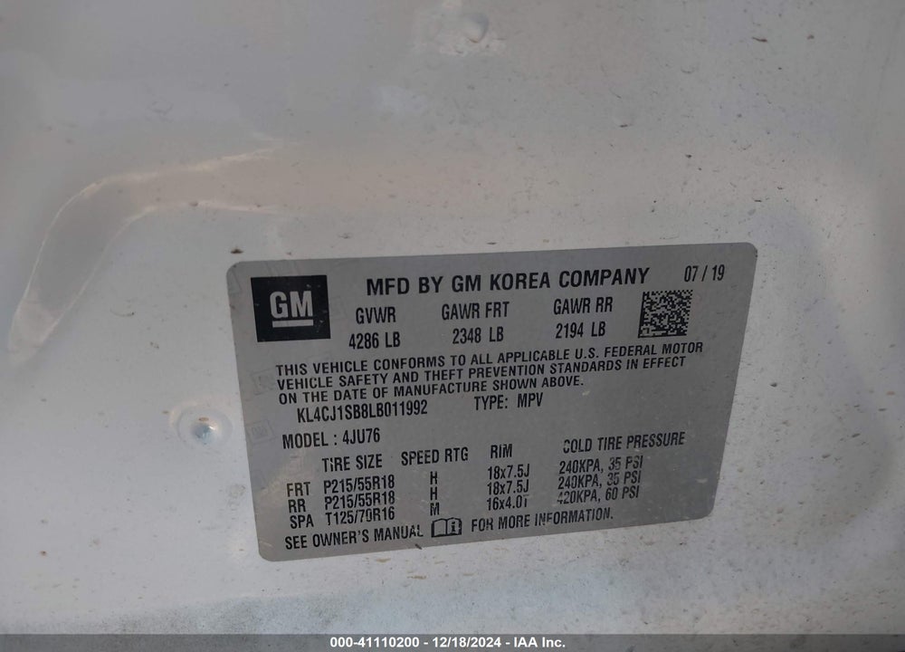 2020 BUICK ENCORE FWD SPORT TOURING VIN: KL4CJ1SB8LB011992