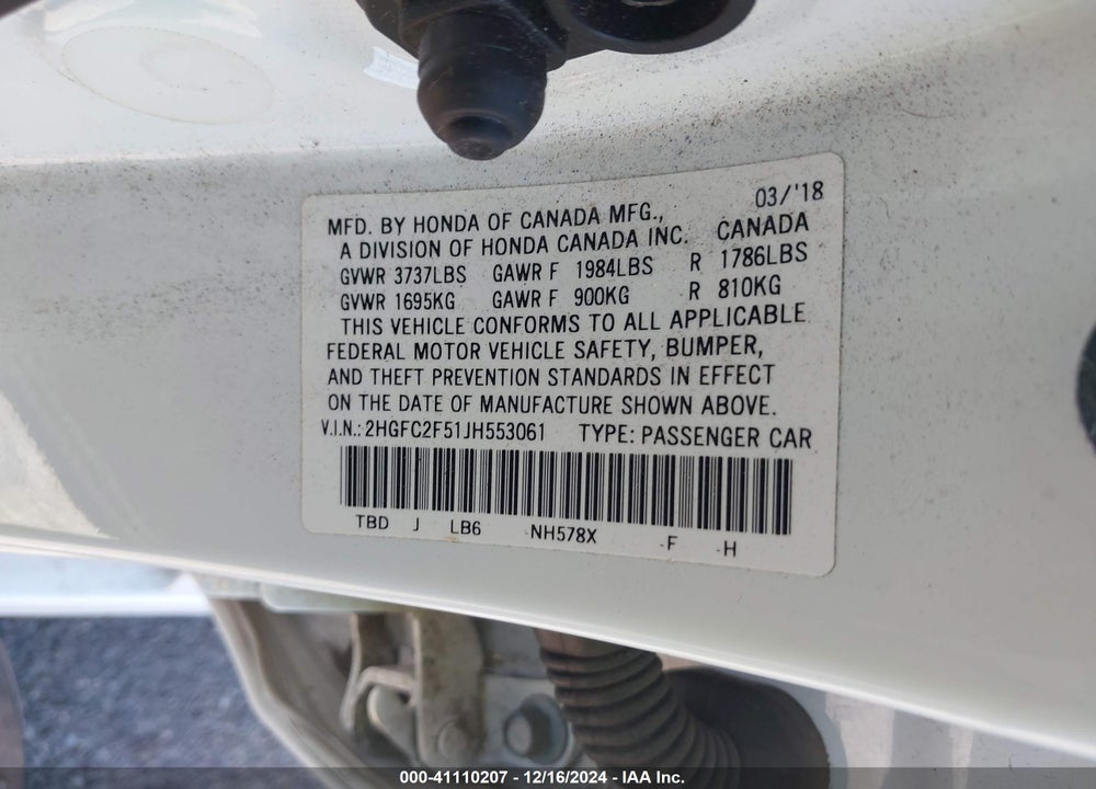 2018 HONDA CIVIC VIN: 2HGFC2F51JH553061