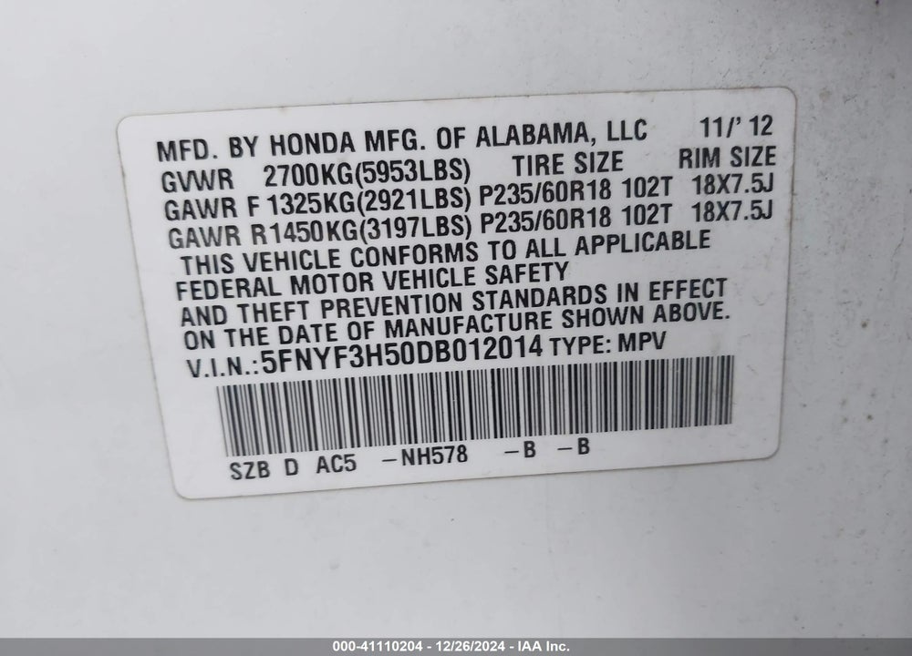 2013 HONDA PILOT EX-L VIN: 5FNYF3H50DB012014