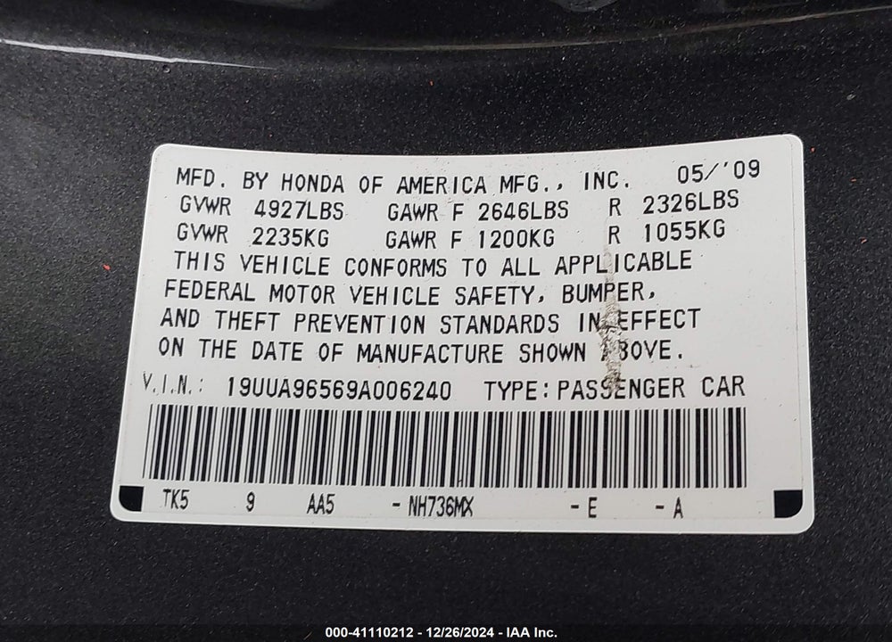 2009 ACURA TL VIN: 19UUA96569A006240