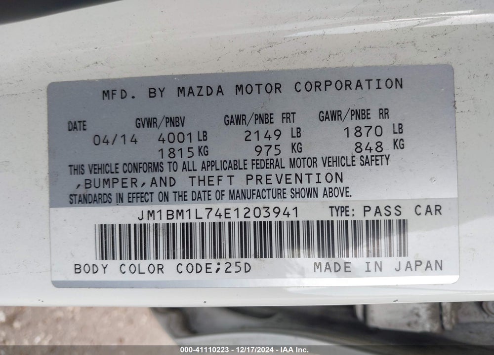 2014 MAZDA 3 I TOURING VIN: JM1BM1L74E1203941