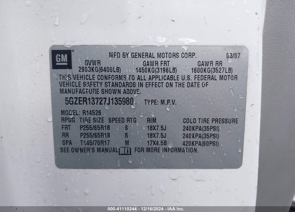 2007 SATURN OUTLOOK XE VIN: 5GZER13727J135980
