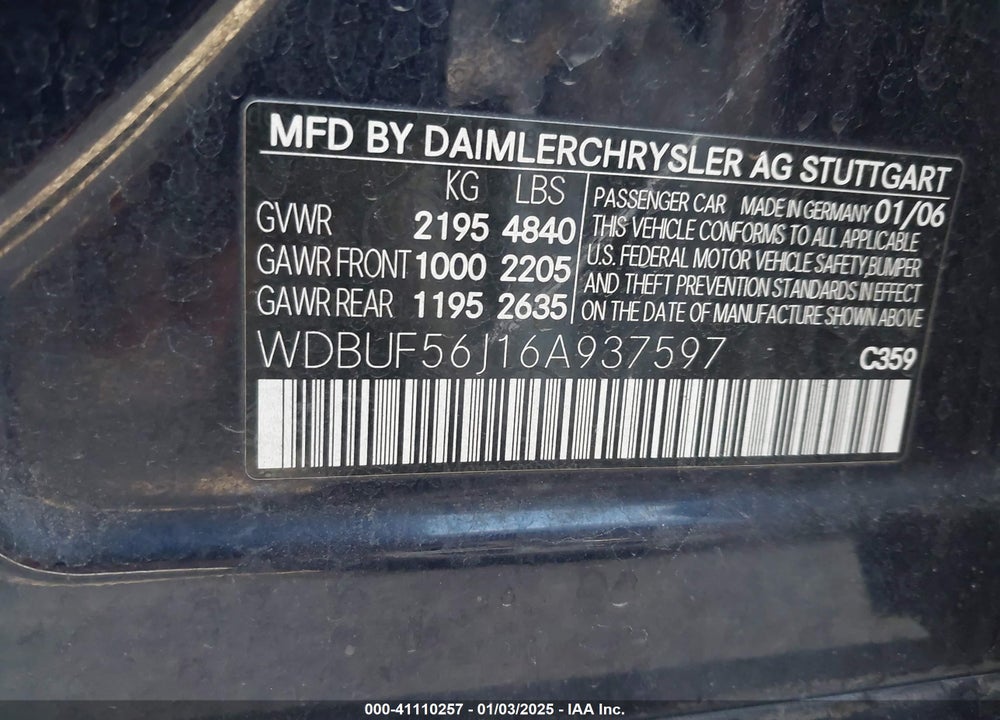 2006 MERCEDES-BENZ E 350 VIN: WDBUF56J16A937597