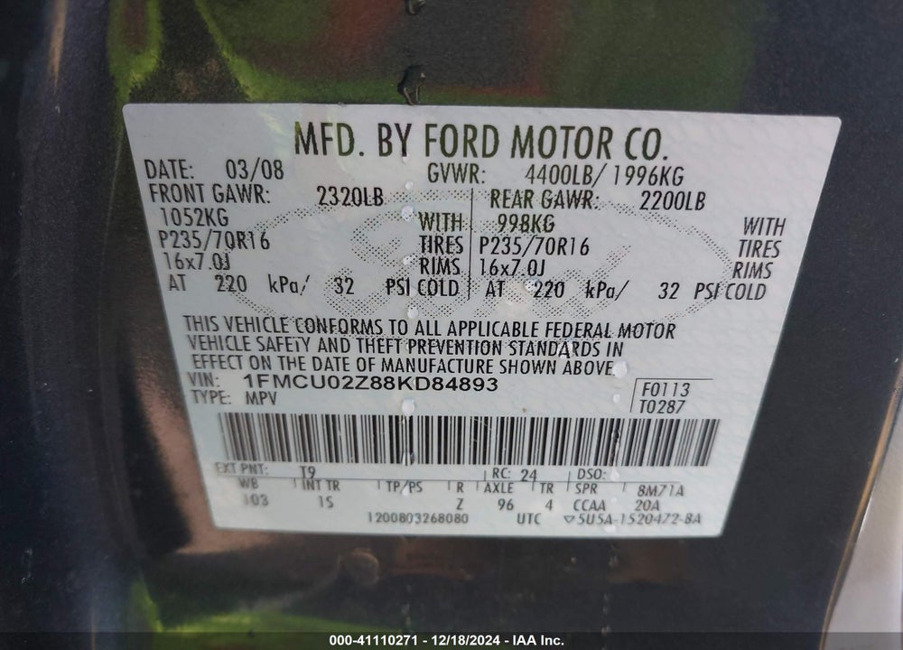 2008 FORD ESCAPE XLS/XLS MANUAL VIN: 1FMCU02Z88KD84893