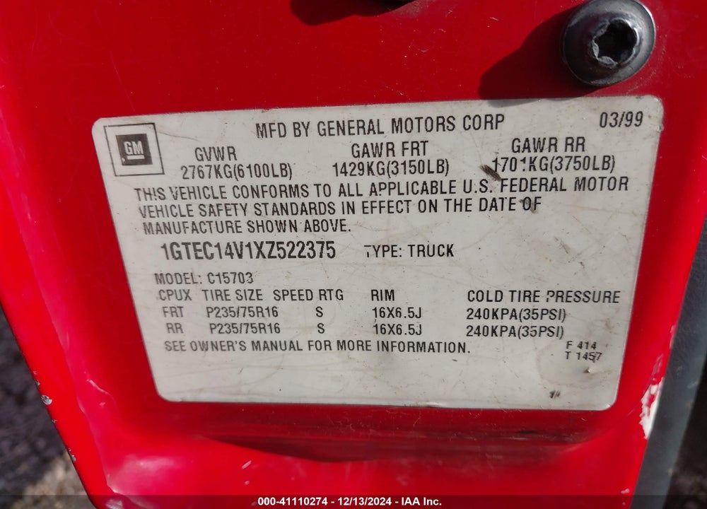 1999 GMC SIERRA 1500 SLE VIN: 1GTEC14V1XZ522375
