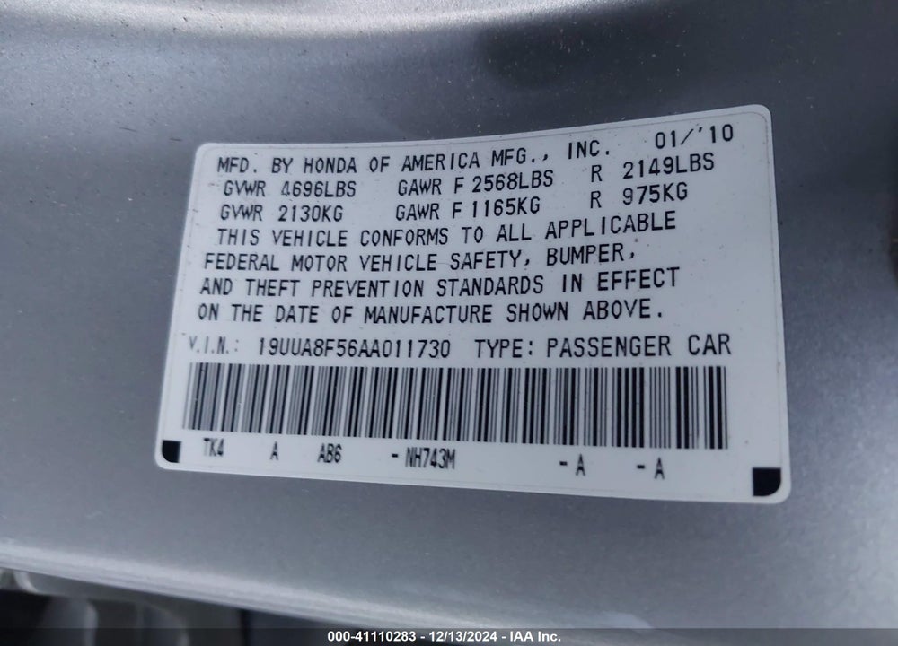 2010 ACURA TL 3.5 VIN: 19UUA8F56AA011730