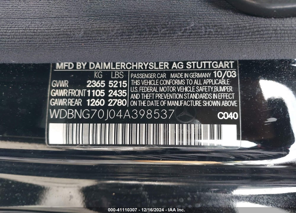 2004 MERCEDES-BENZ S 430 VIN: WDBNG70J04A398537