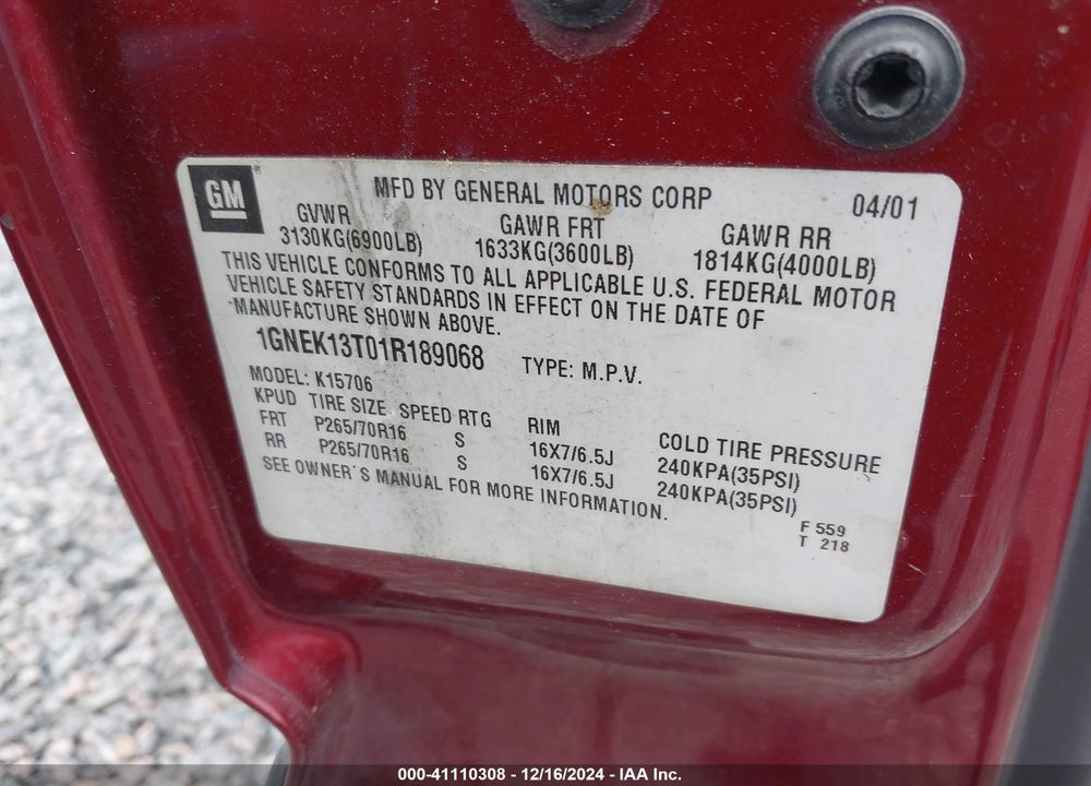 2001 CHEVROLET TAHOE LT VIN: 1GNEK13T01R189068