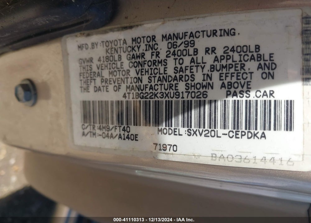 1999 TOYOTA CAMRY CE VIN: 4T1BG22K3XU917026