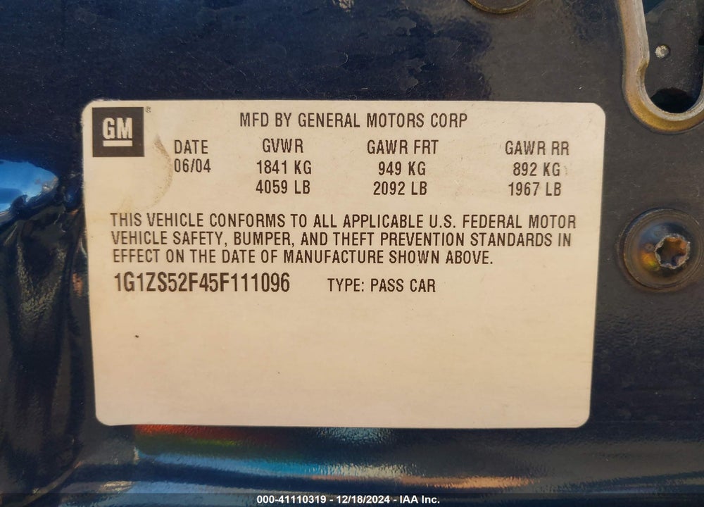 2005 CHEVROLET MALIBU VIN: 1G1ZS52F45F111096