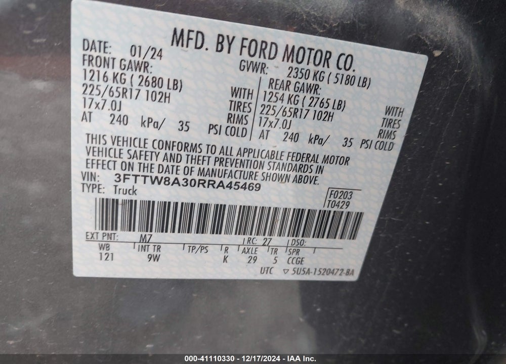 2024 FORD MAVERICK XL VIN: 3FTTW8A30RRA45469
