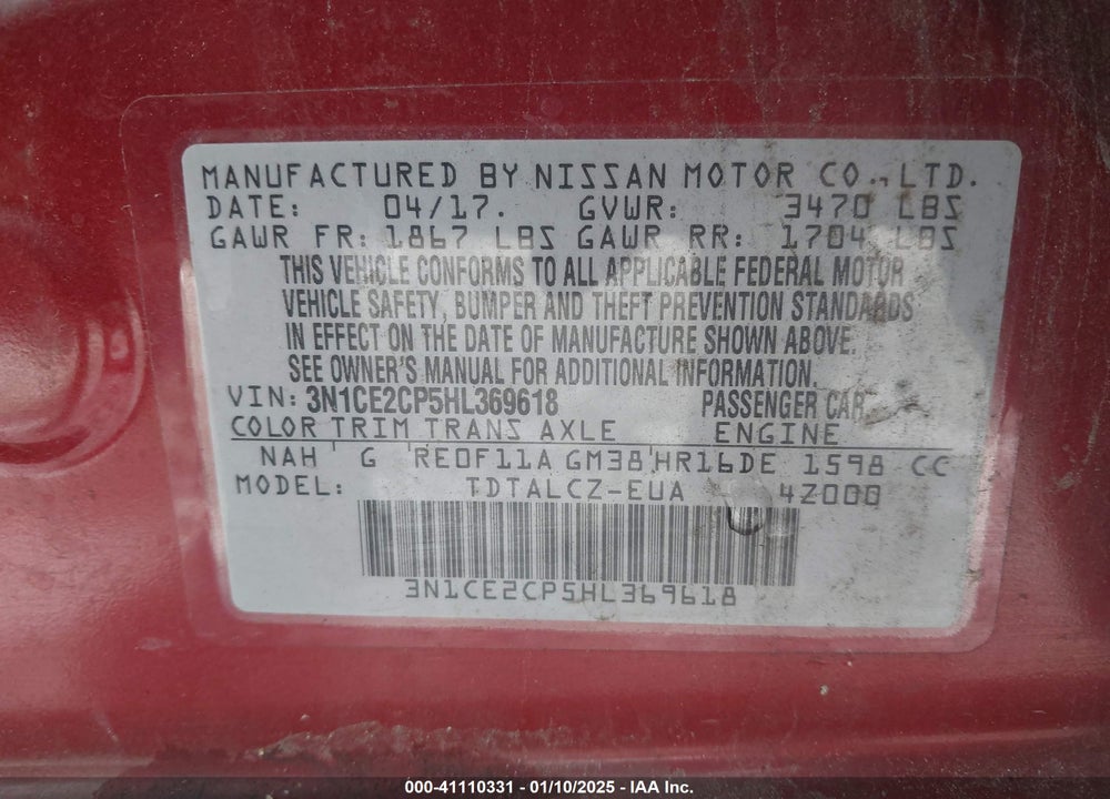 2017 NISSAN VERSA NOTE S PLUS VIN: 3N1CE2CP5HL369618