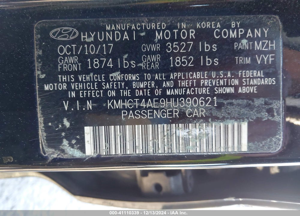 2017 HYUNDAI ACCENT SE VIN: KMHCT4AE9HU390621