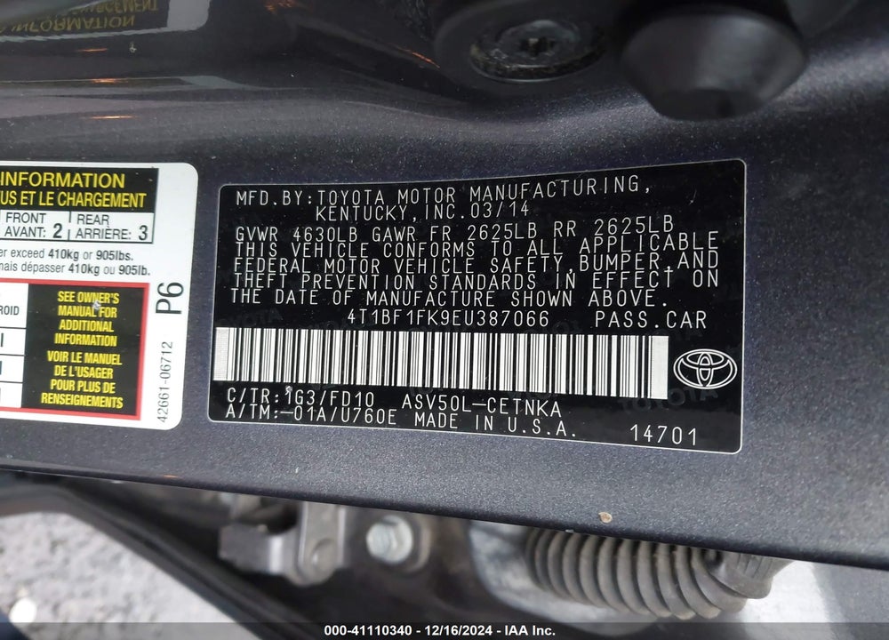 2014 TOYOTA CAMRY VIN: 4T1BF1FK9EU387066