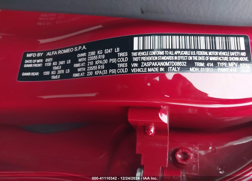 2021 ALFA ROMEO STELVIO AWD VIN: ZASPAKAN0M7D08632