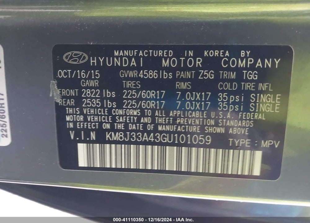 2016 HYUNDAI TUCSON SE VIN: KM8J33A43GU101059