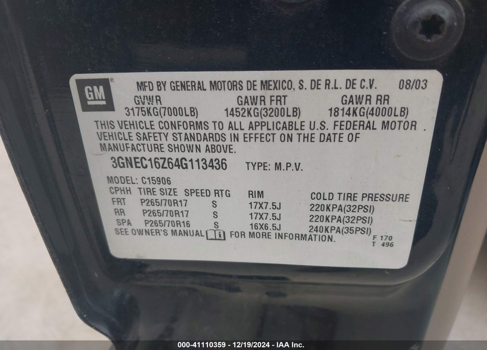 2004 CHEVROLET SUBURBAN 1500 LT VIN: 3GNEC16Z64G113436