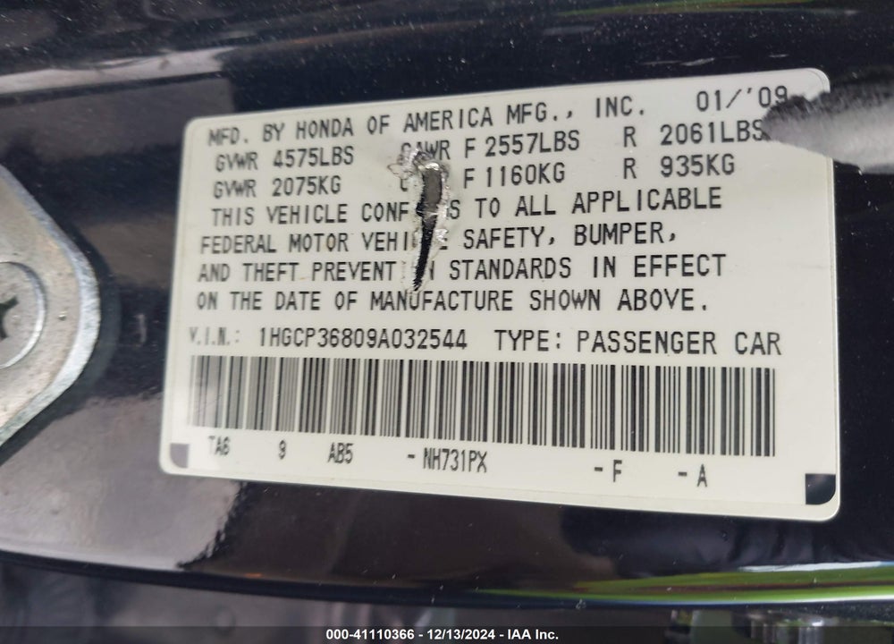 2009 HONDA ACCORD 3.5 EX-L VIN: 1HGCP36809A032544