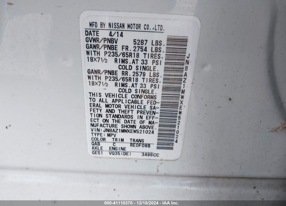 2014 NISSAN MURANO SL VIN: JN8AZ1MWXEW521024