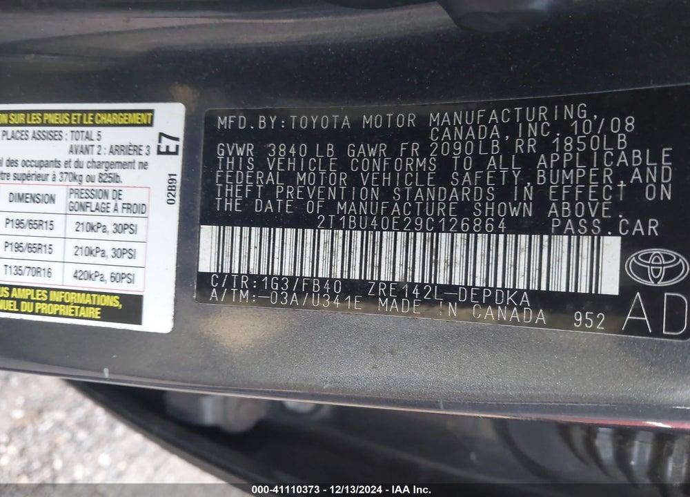 2009 TOYOTA COROLLA LE VIN: 2T1BU40E29C126864