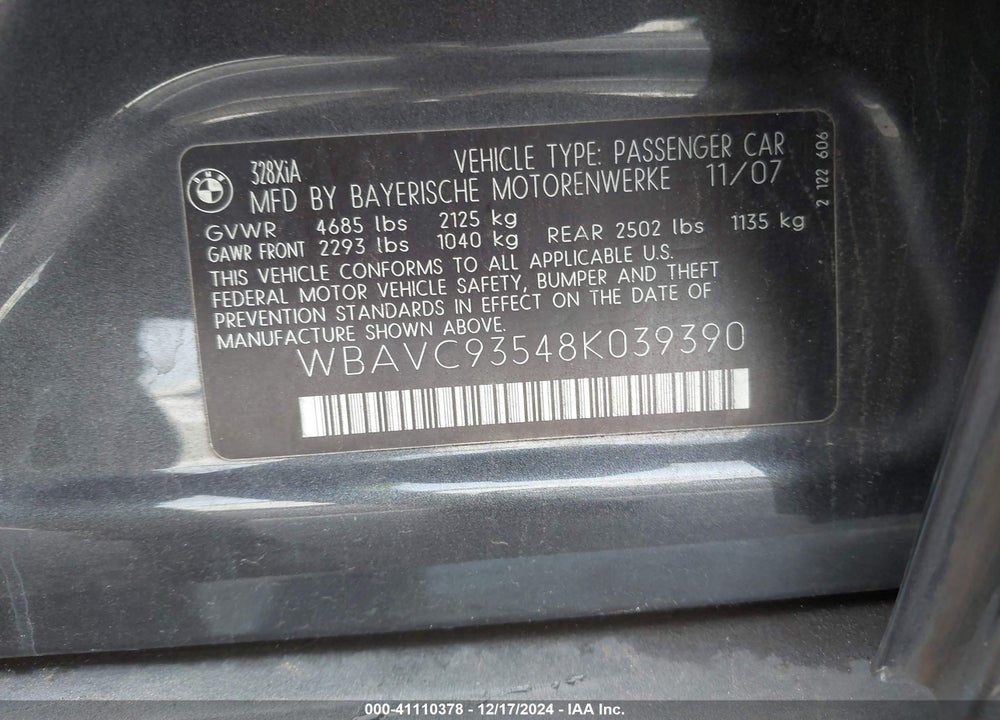 2008 BMW 328XI VIN: WBAVC93548K039390