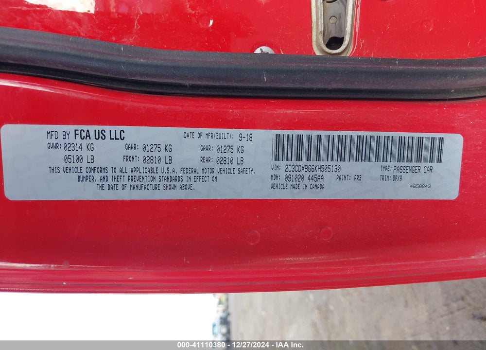 2019 DODGE CHARGER VIN: 2C3CDXBG6KH505130