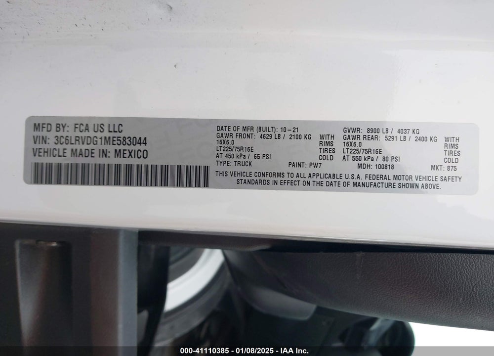 2021 RAM PROMASTER 2500 HIGH ROOF 159 WB VIN: 3C6LRVDG1ME583044