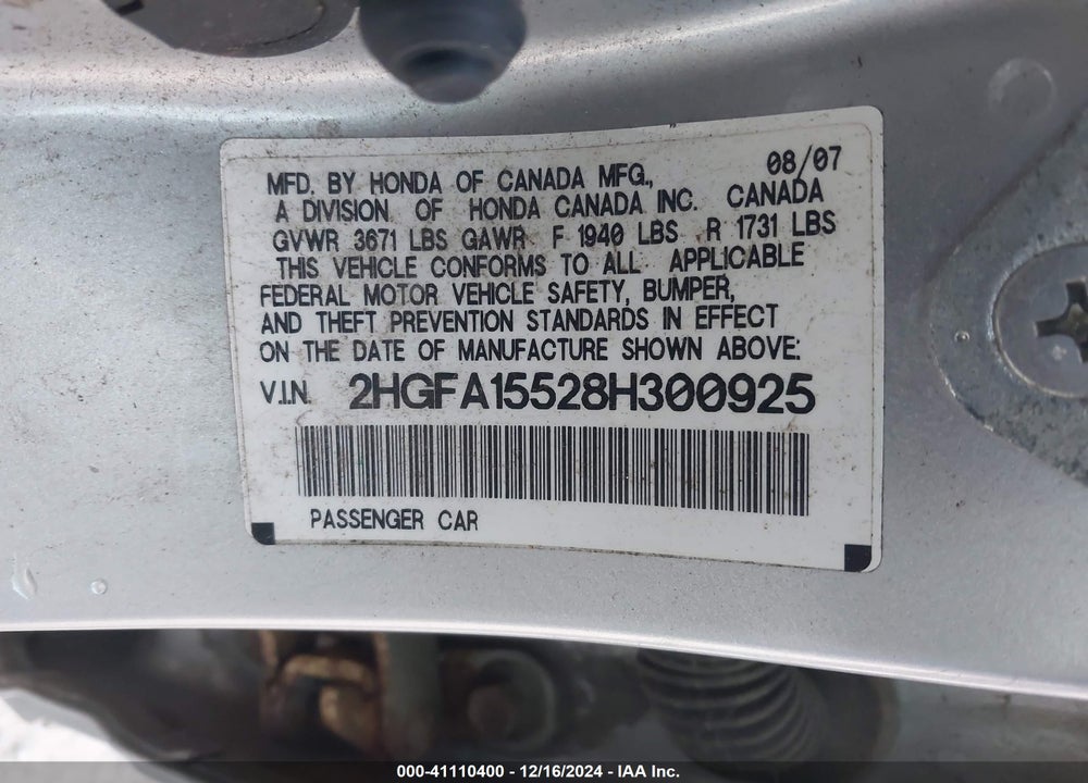 2008 HONDA CIVIC LX VIN: 2HGFA15528H300925