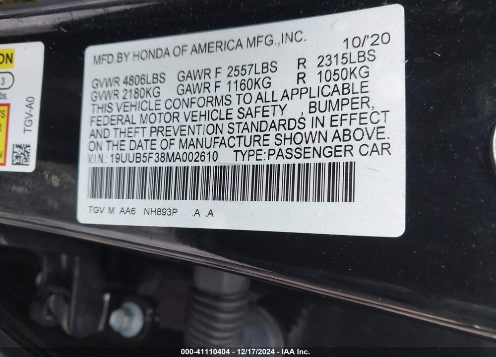 2021 ACURA TLX STANDARD VIN: 19UUB5F38MA002610