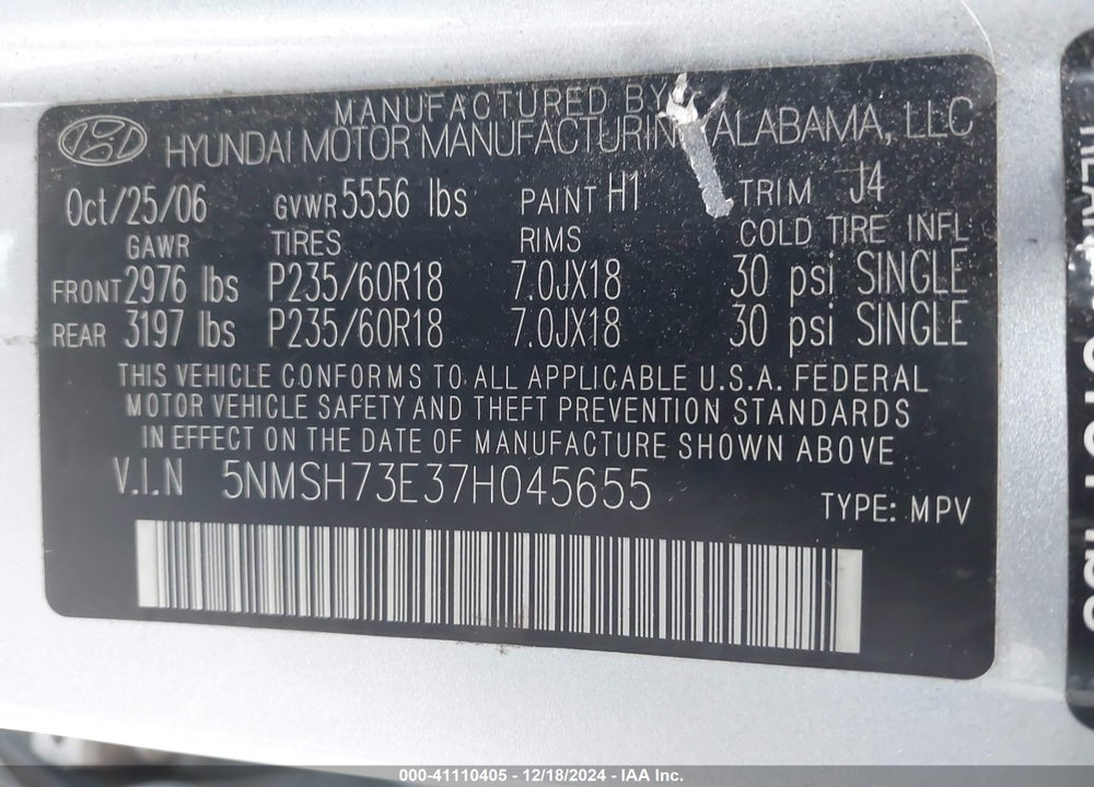 2007 HYUNDAI SANTA FE LIMITED/SE VIN: 5NMSH73E37H045655