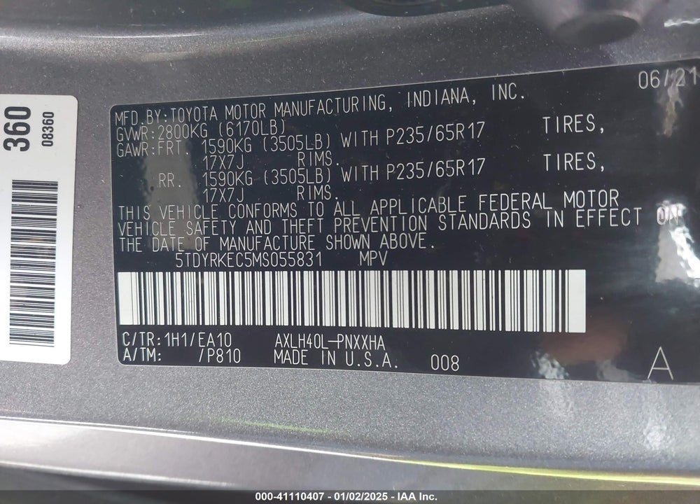 2021 TOYOTA SIENNA XLE VIN: 5TDYRKEC5MS055831