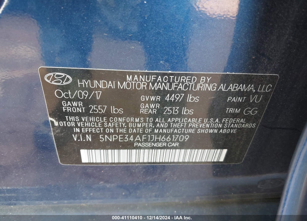 2018 HYUNDAI SONATA VIN: 5NPE34AF1JH661709