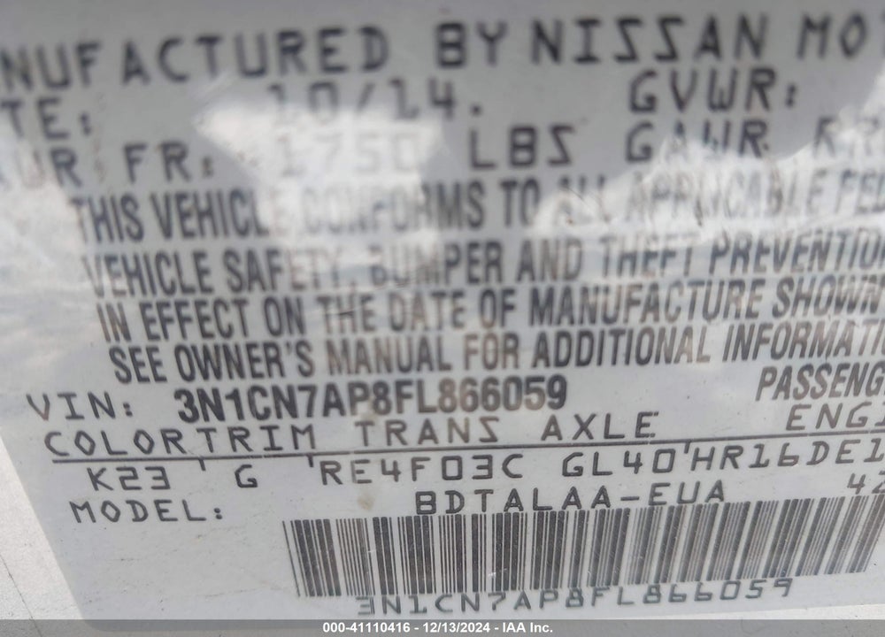 2015 NISSAN VERSA 1.6 S+ VIN: 3N1CN7AP8FL866059