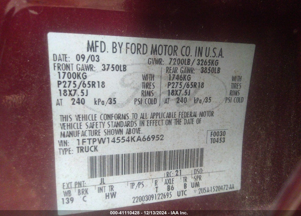 2004 FORD F-150 FX4/LARIAT/XLT VIN: 1FTPW14554KA66952
