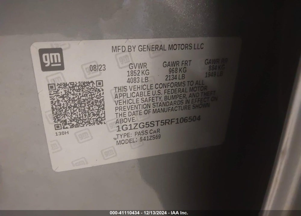 2024 CHEVROLET MALIBU VIN: 1G1ZG5ST5RF106504