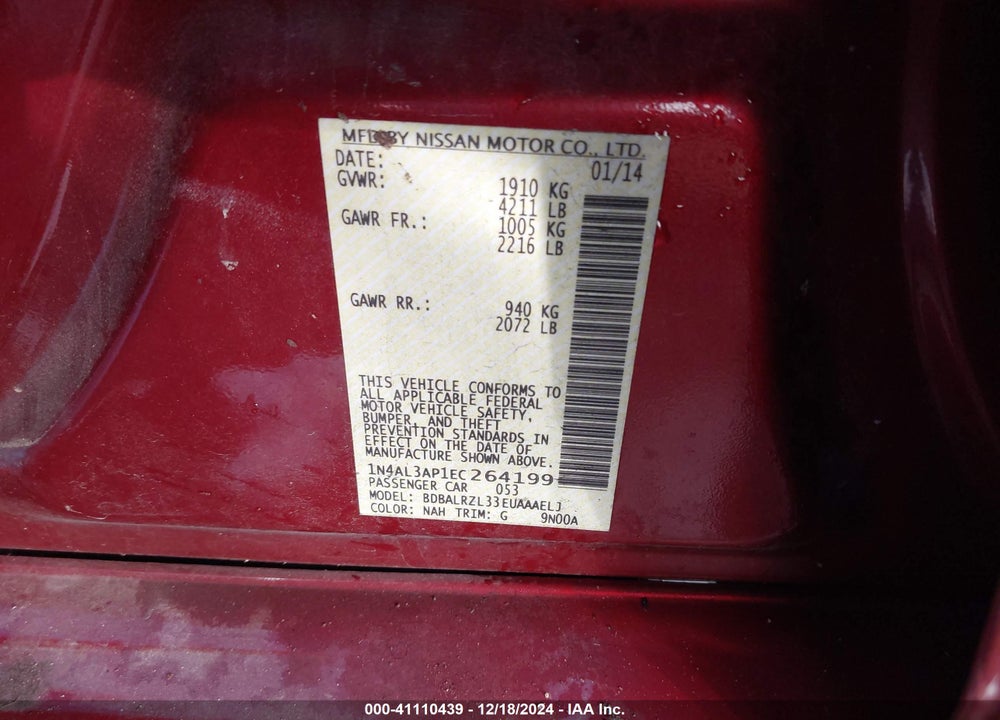 2014 NISSAN ALTIMA VIN: 1N4AL3AP1EC264199