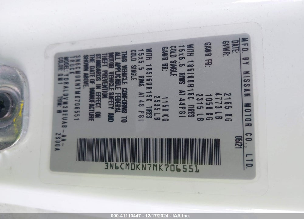 2021 NISSAN NV200 COMPACT CARGO VIN: 3N6CM0KN7MK706551