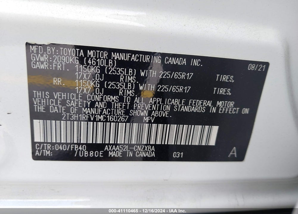 2021 TOYOTA RAV4 LE VIN: 2T3H1RFV1MC160267