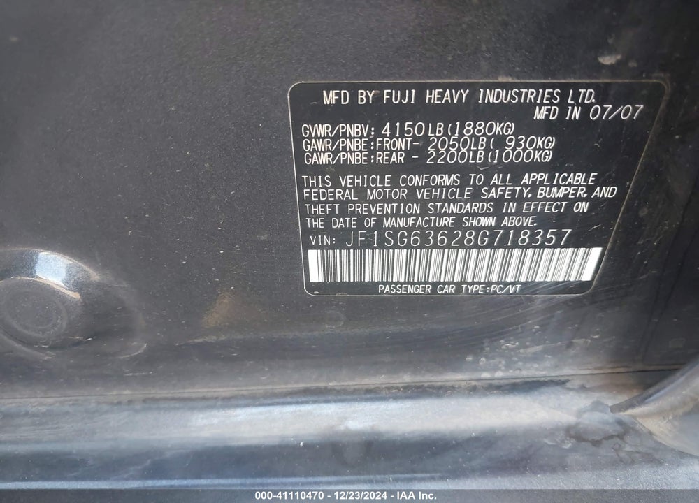 2008 SUBARU FORESTER 2.5X VIN: JF1SG63628G718357