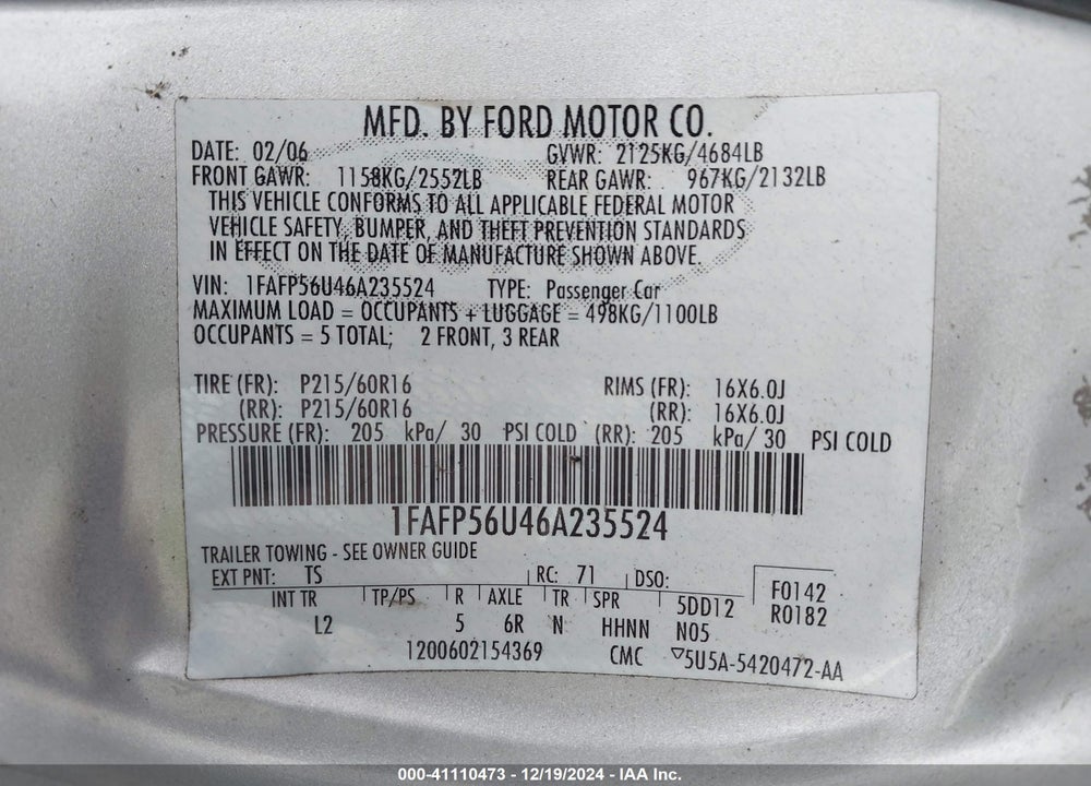 2006 FORD TAURUS SEL VIN: 1FAFP56U46A235524