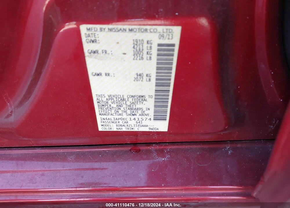 2014 NISSAN ALTIMA VIN: 1N4AL3AP0EC141574