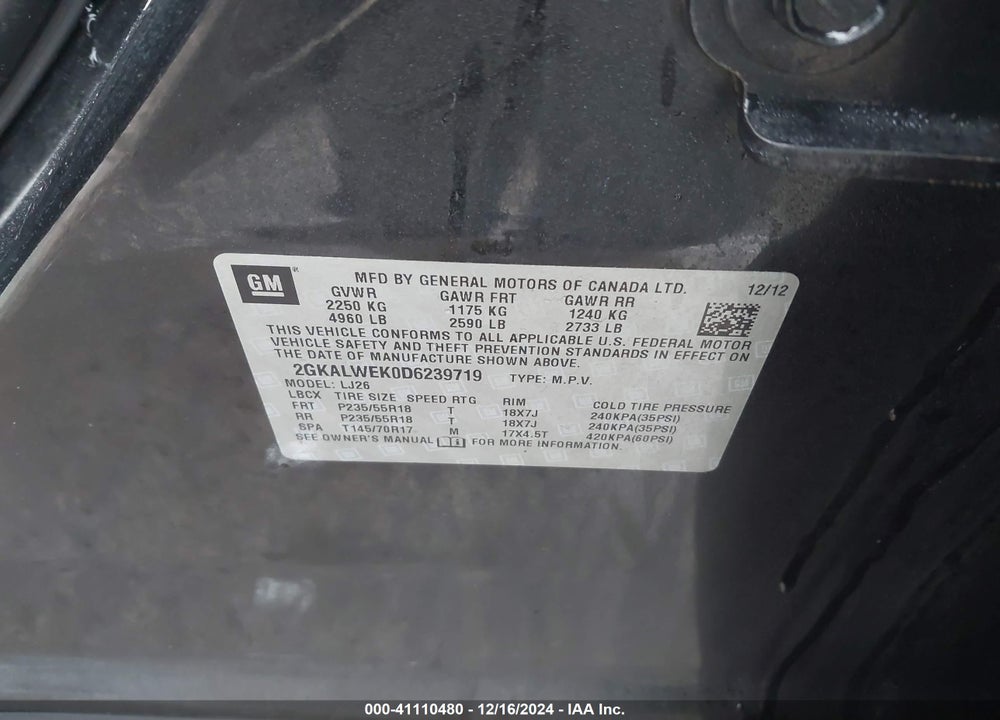2013 GMC TERRAIN SLT-2 VIN: 2GKALWEK0D6239719