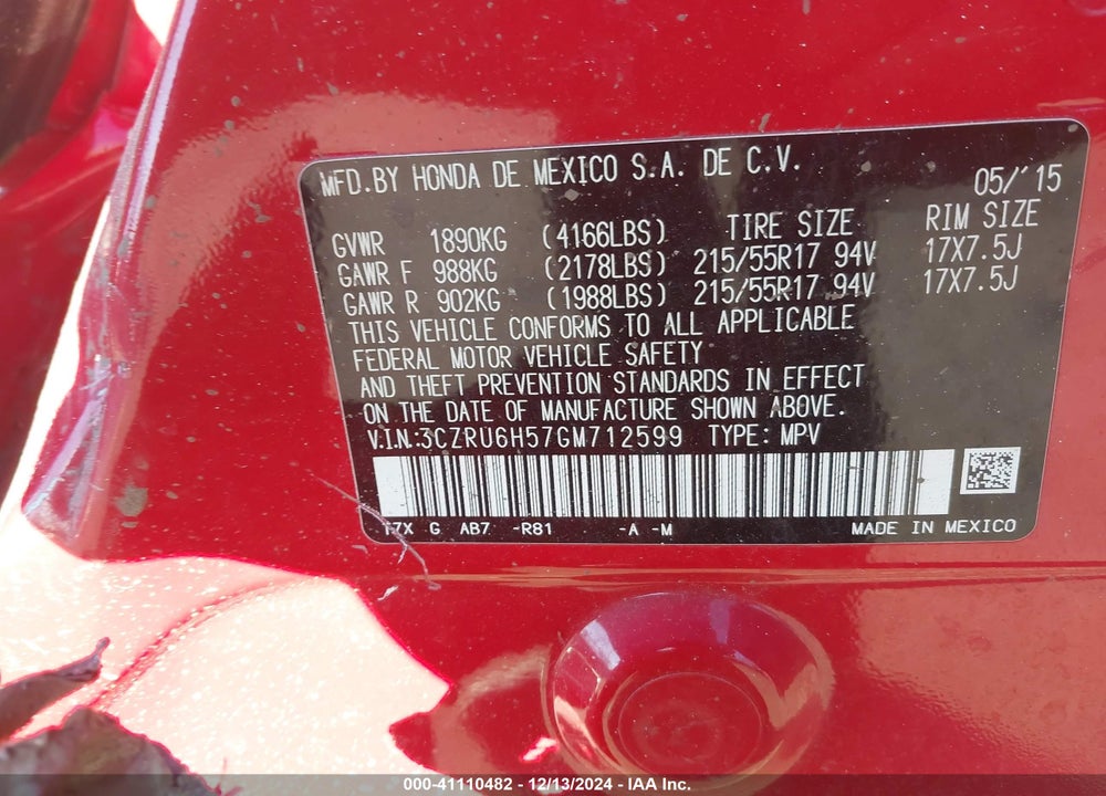 2016 HONDA HR-V EX VIN: 3CZRU6H57GM712599