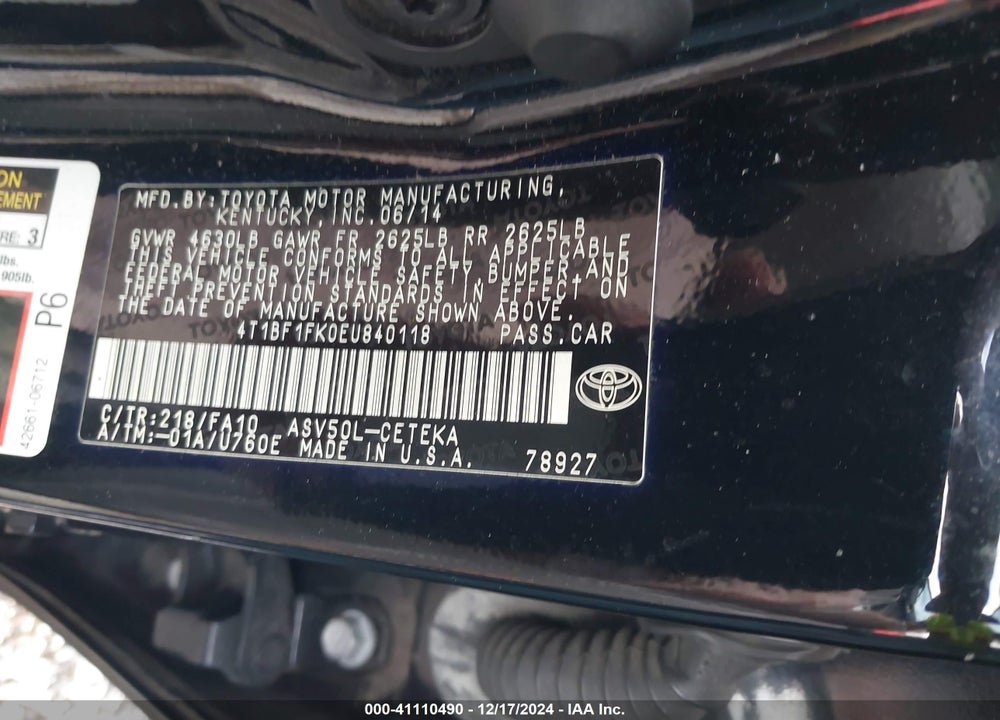 2014 TOYOTA CAMRY L VIN: 4T1BF1FK0EU840118