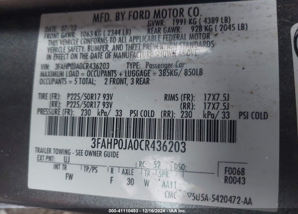2012 FORD FUSION SEL VIN: 3FAHP0JA0CR436203
